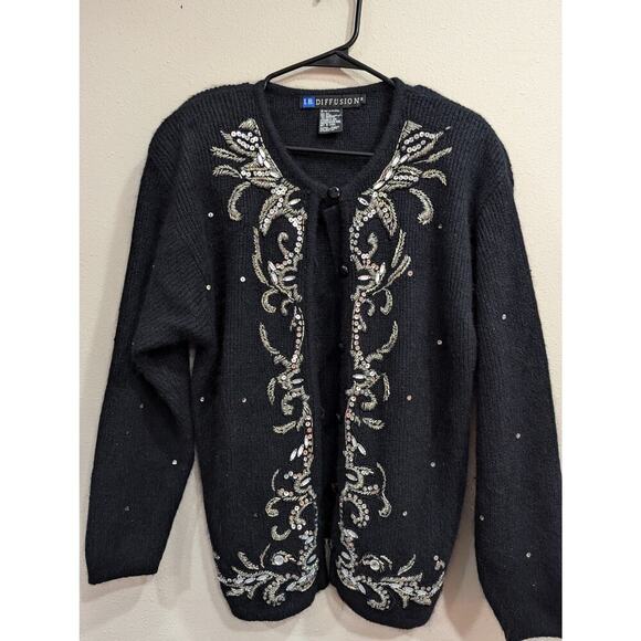 Vintage fancy sequin, beaded, silk, lambs wool & angora rabbit hair sweater XL - Picture 1 of 7